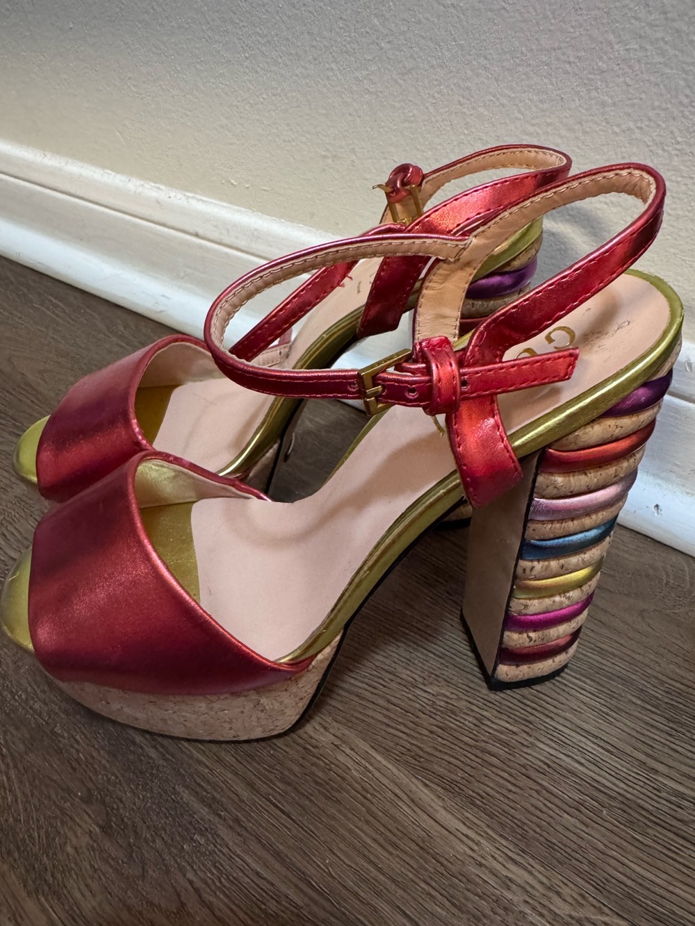 Gucci Metallic Red Platform Sandals with Rainbow Stacked Heel